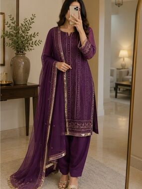 Embroidered Purple kameez dupatta  and shalwar Set with Gold Trim